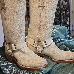 Frye 12 R Crackle White Cream Leather Harness Boots Excellent Unique Size 6